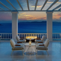 mykonos grand bolla bar, terrace sunset, hotel